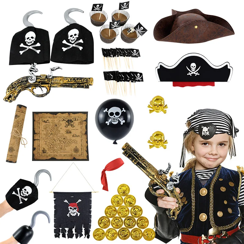 Pirátska téma narodeninová oslava dekor pirátska klobúk pirátska háčik hračky Gun Coin Pirát Pirát Cosplay rekvizity pre bábätká Halloween dekor detský darček