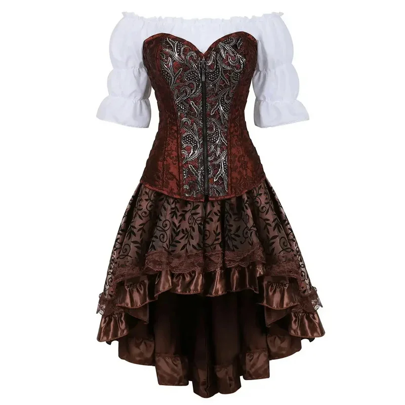 Pirátske korzety Steampunk Bustiers Floral Zipper korzet sexy šaty so sukňou a biela blúzka sada karnevalových kostýmov Rave Clothes