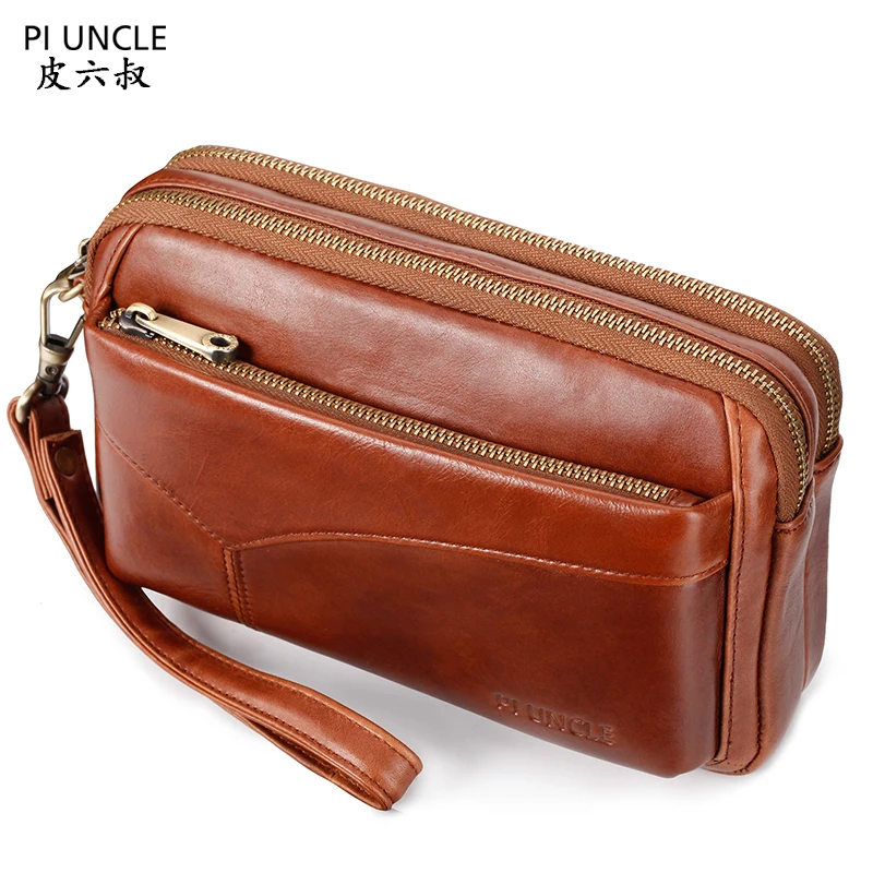 Piuncle Brand Originálne kožené pánske držiak na kartu Pánske držiak na kartu s dlhými peňaženkami Dvojitá zips Veľká kapacita Vintage mužské peniaze
