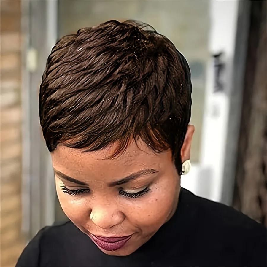 Pixie rezané krátke priame vrstvené ľudské vlasové parochne 4inch 30 hnedé 99J čierny farebný stroj vyrobený wig150% hustota remy vlasy pre ženy