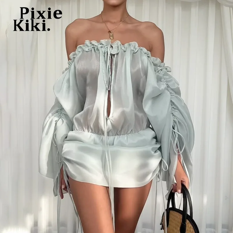 Pixiekiki Flowy z ramennej lucerny s dlhým rukávom bez spätných šaty Sexy oblečenie Žena dovolenka outfity číre mini šaty p33-di16