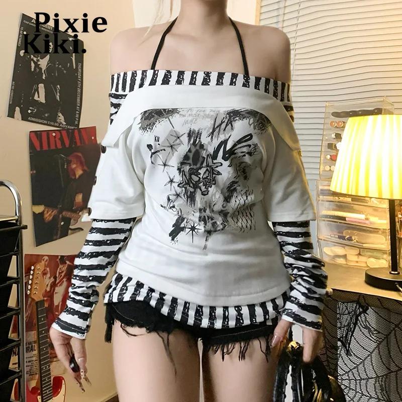 Pixiekiki Graphic Tee Y2K 2000s japonské vrcholy falošné dva kusy pruhované zostrihané z ramena s dlhým rukávom tričko Harajuku p67-dd37