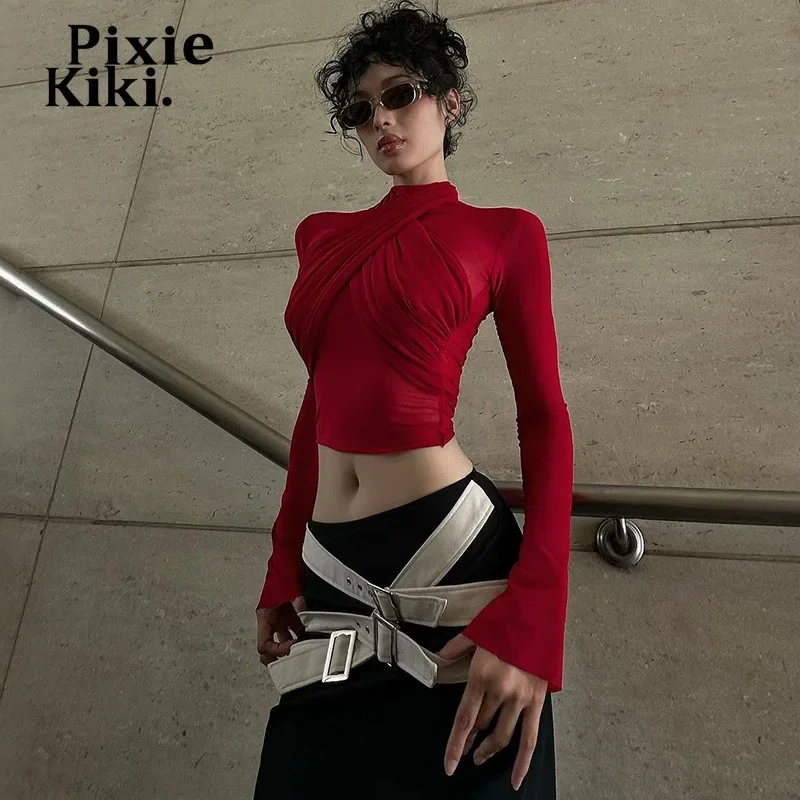 Pixiekiki Pozrite sa cez sieť sexy plodiny červené čierne čierne rukávy Tesné tričko Dámske módne blúzky p95-bf14