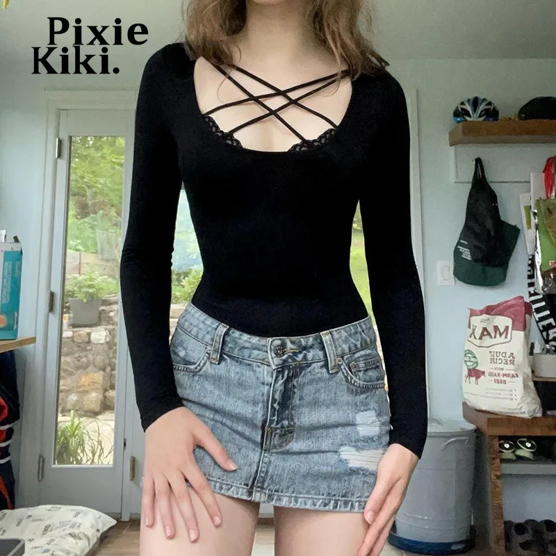 Pixiekiki čipkované črep krížom Dutlowed Out Top 2000s Clothes Y2K vinobranie sexy čierne vybavené tričko mladé dámy oblečenie P84-BZ16