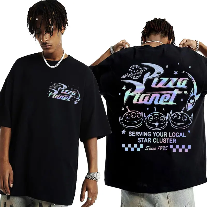 Pizza planéta mimozemšťanov obojstranné tlačové tričká Men ženy vtipné meme vintage karikatúra tričko letné letné príležitostné roztomilé rukávy tričko s krátkym rukávom