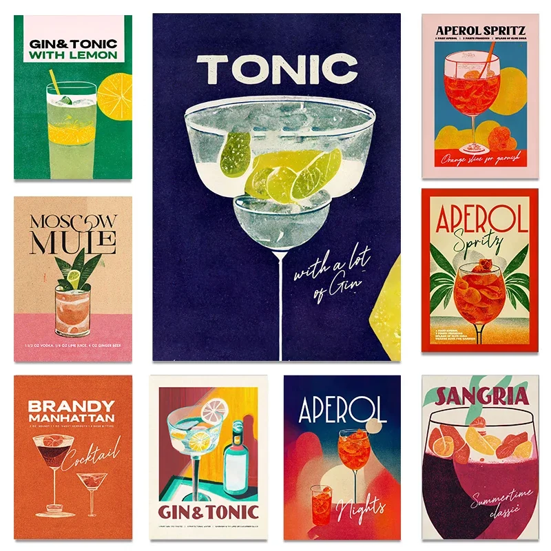 Piť caipirinha gin tonic sangria aperol spritz vintage plagát kaviareň kuchyňa maliar