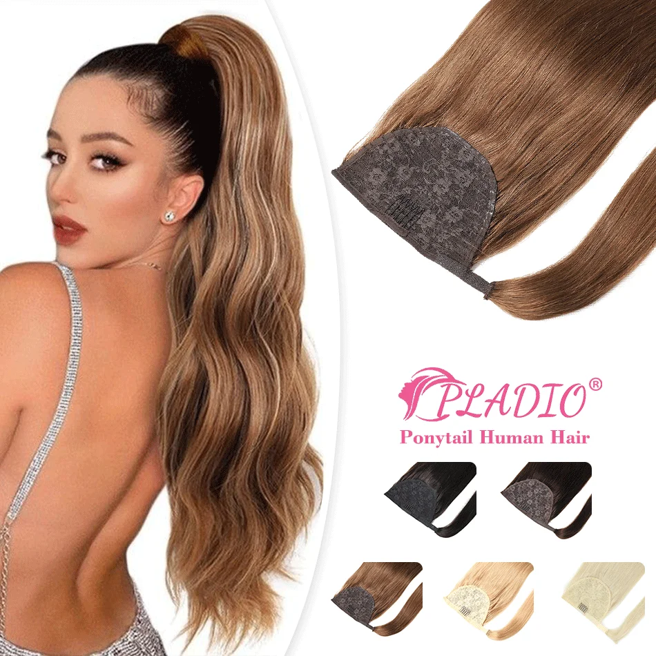 Pladio Straight Oprytail Human Hair Wrap okolo copu 100% skutočný brazílsky remy ľudské vlasy cytail predlžovanie 60-160g