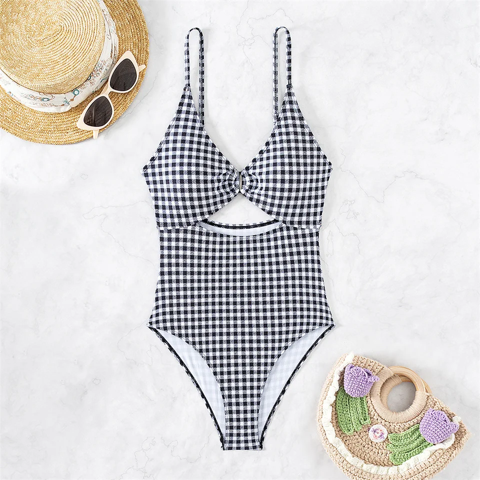 Plaid Bikini Push Up Swimsuit Y2K plavky Ženy retro vystrihnuté plážové scény Monokini Set Klepatie na dovolenkové oblečenie Bikinis de Mujer