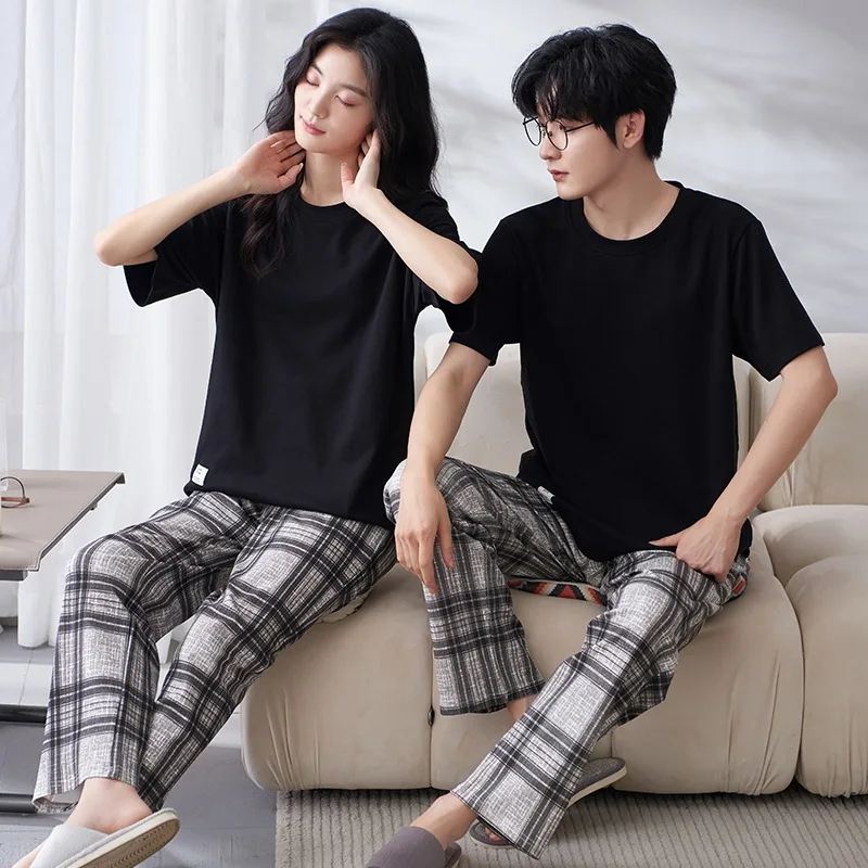 Plaid Couples Cotton Sleewear Letné jarné domáce oblečenie pre mužov/ženy Krátke rukávy dlhé nohavice Nočné oblečenie Conjuntos de Pijama
