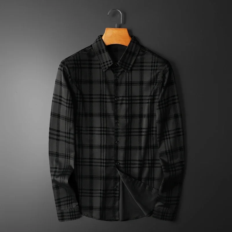 Plaid Flocking tlačené pánske košele Luxusné s dlhým rukávom Pevná farba Four Seasons Obchodné mužské šortky 5xl