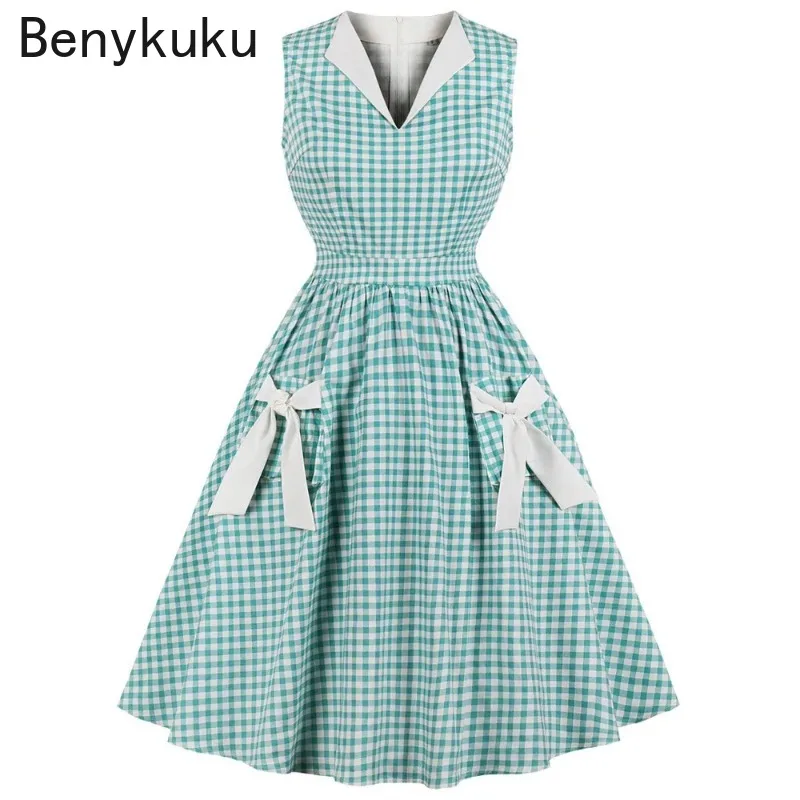 Plaid Green Day Irish 50 60 retro vintage šaty 2024 Ženy Elegantné príležitostné večierky Summer Bowknot Pocket Vestido Swing midi šaty