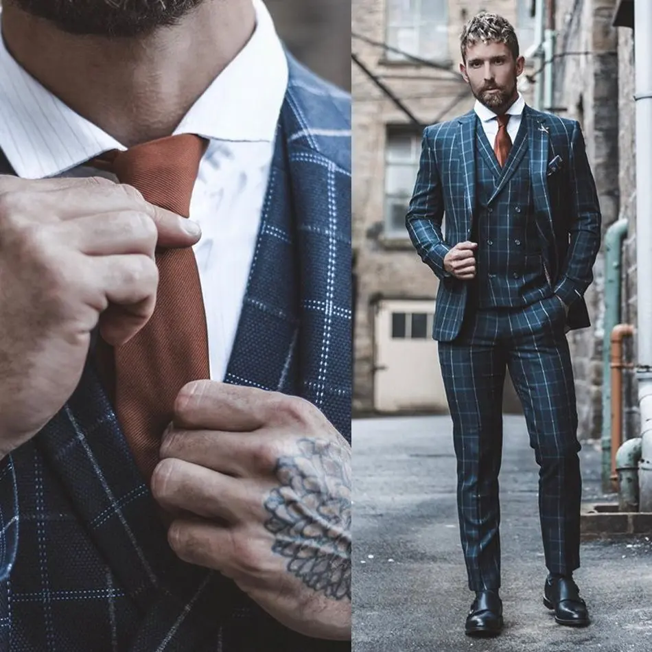 Plaid Mens 3 kusové obleky Classic Peaky Blinder Suit Slim Fit Vintage Suit Business bunda nohavice vesta na mieru vyrobené svadobné smokingy