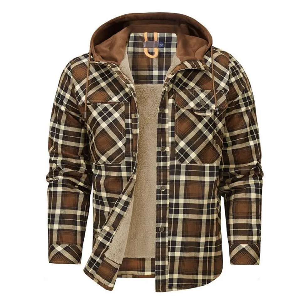Plaid s kapucňou zamatový vetruvový kabát muži teplé gombíky UP Business Cardigan Trend Trend Loose Snowboard Fashion Príležitostné bundy