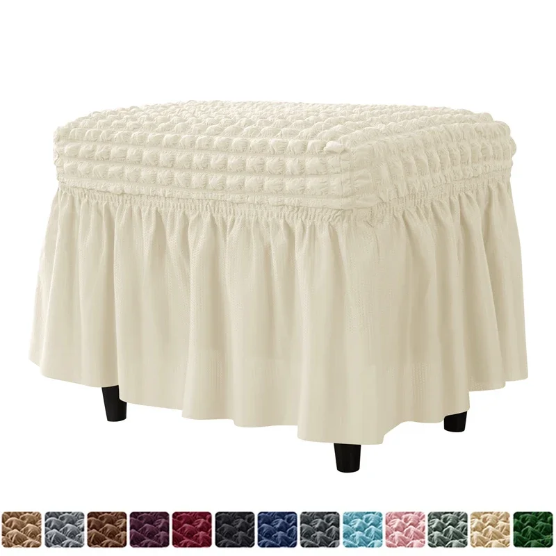 Plaid Seersucker Ottoman Cover s sukňou natiahnuté pevné farebné kryty krytov all-inclusive Footrest Slipcovs pre obývaciu izbu