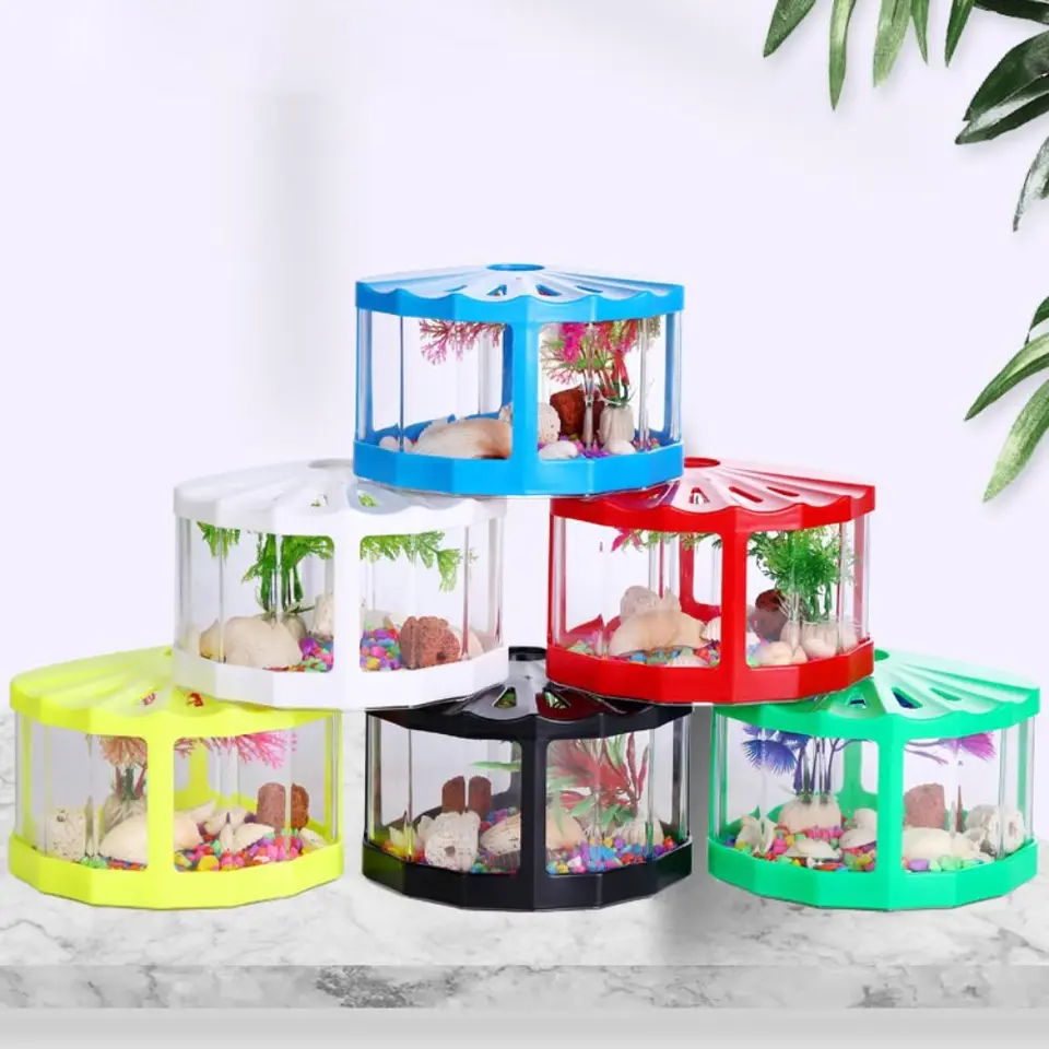Plastová betta rybia tank Micro-Landscape Fan Lovering Box Bojový rybí valcový tropický rýb Blokovanie akvárium