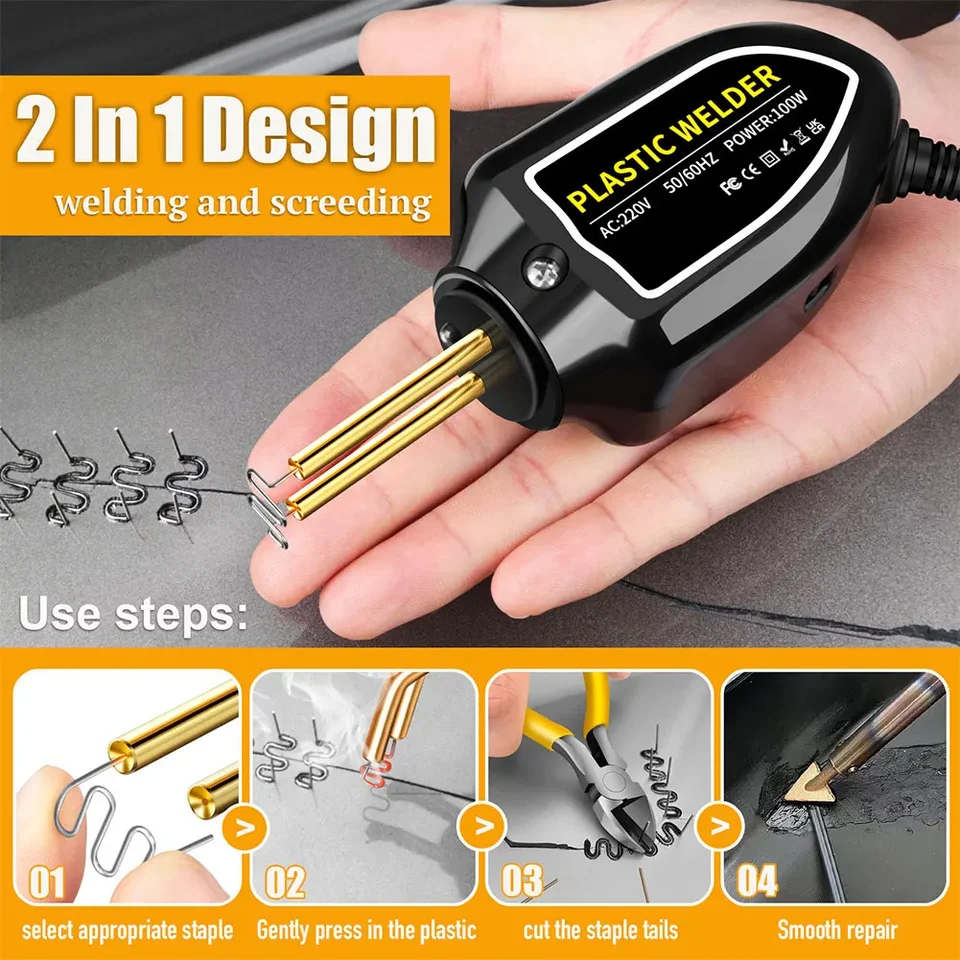 Plastový zvárač 100 W tepelná pištoľ 200ks Hot Staplers Plastový zváracia stroja Bumper Solder Iron Staples Spravodič automobilov Súprava