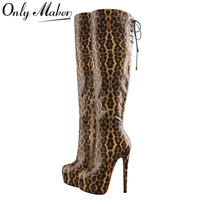 Platforma OnlyMaker Women nad kolennými vysokými topánkami Leopard tlač zips tenký vysoký podpätok veľkej veľkosti Stiletto Sexy Woman topánky