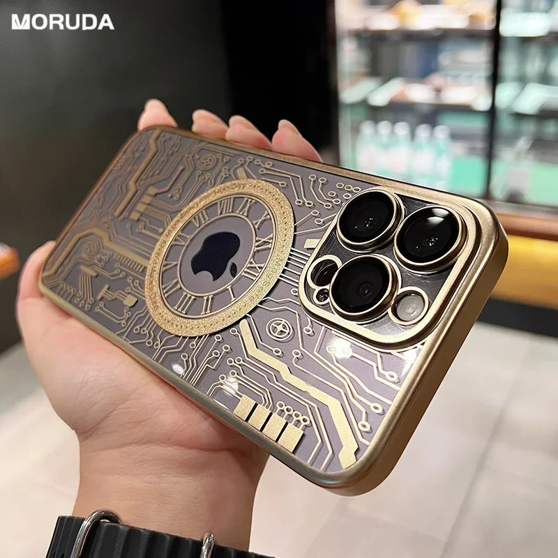 Plating Magsafe nabíjacie puzdro pre iPhone 15 Pro Max 12 13 14 Promax 15 plus vzor obvodu tenký tvrdý kryt s fotoaparátom filmom