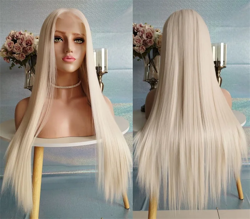 Platinová biela blondínka Parochňa rovná syntetická čipka predná parochňa bez glue bez parochne s dlhou blondínkou syntetické vlasové čipky parochne dámske cosplay