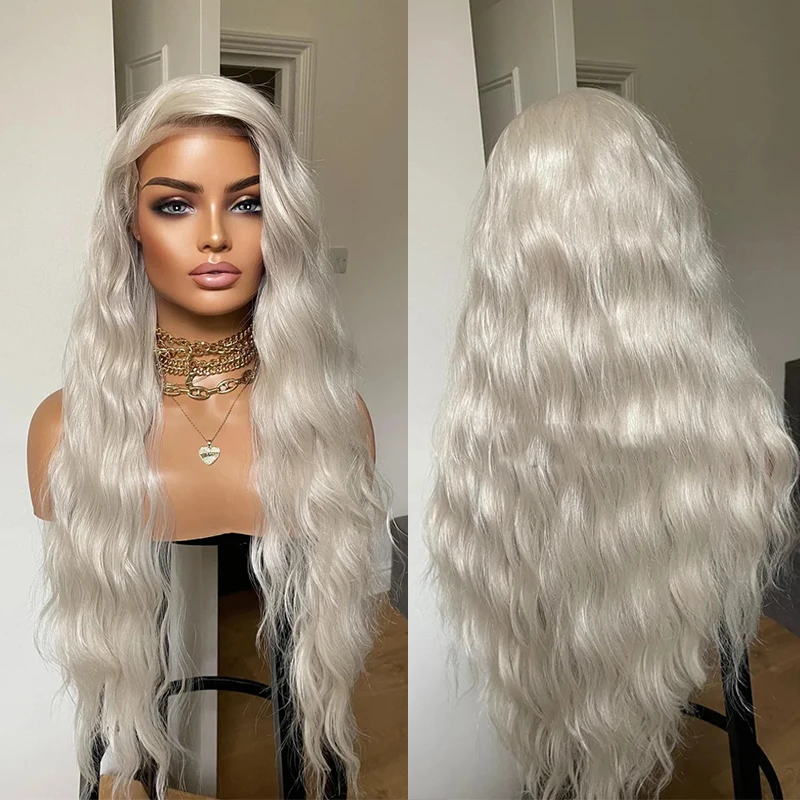 Platinová blond vlasy parochňa Parochňa biela biela voľná hlboká vlna Parochňa voľná časť Čipka predná parochňa Tepelná Syntetická parochňa pre ženy pre ženy.