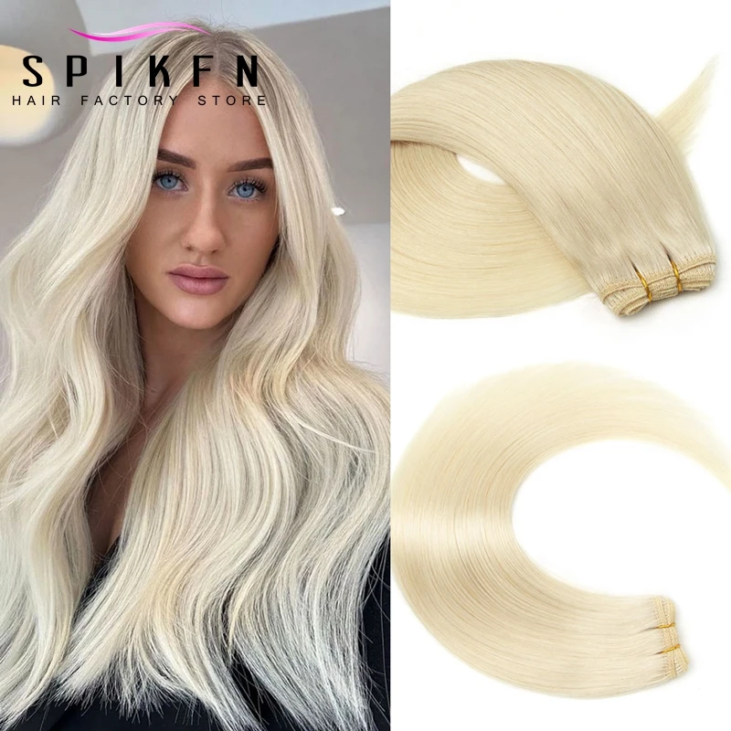 Platinová blondínka 60# ľudské vlasy Weaves Šiť v dvojitom útke 12-24 palcov Real Natural Blonde Human Hair zväzky 50 g vlasy Spikfn