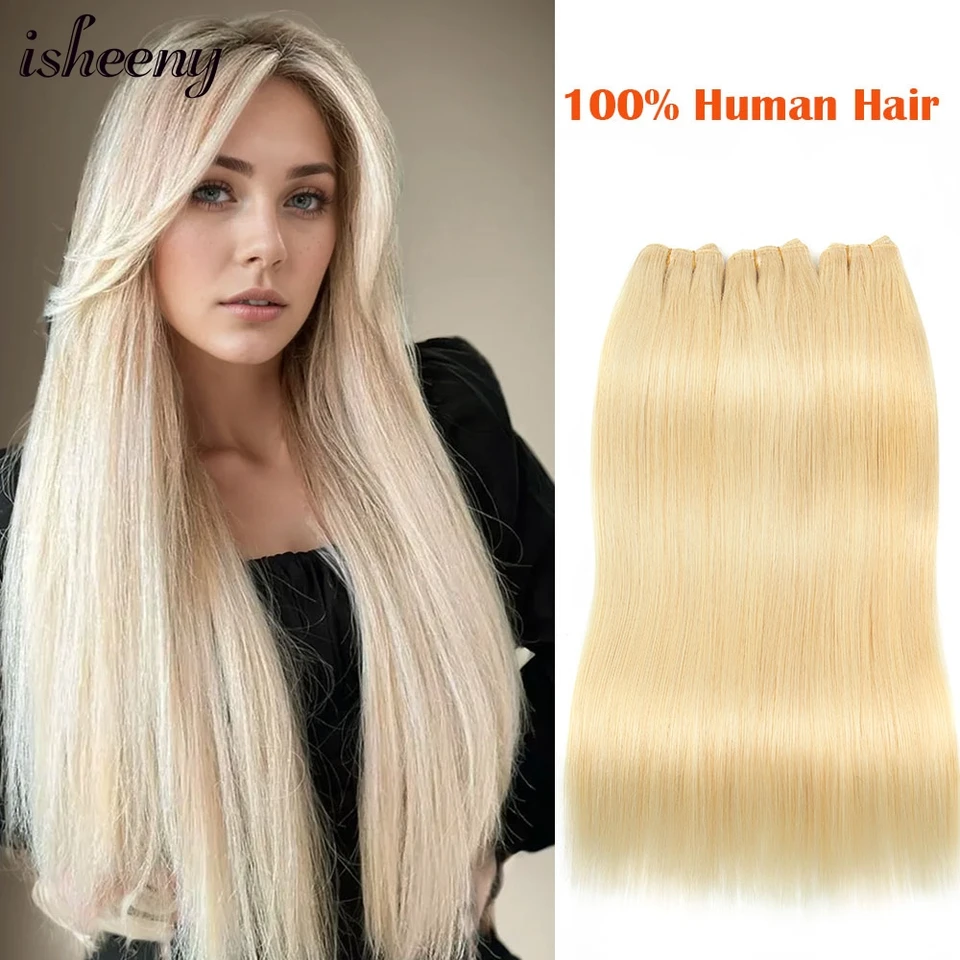 Platinová blondínka ľudské vlasy tkajú rovný stroj Remy Hair Šiť do zväzkov vlasov úniky 12-24 palcov 50 g/balenie prírodné vlasy Isheeny
