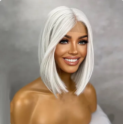 Platinová krátka bobová čipka predné parochne pre ženy Strieborná blondínka Syntetické vlasové parochňu s prírodnou vlastnou vlastnou realistickou mäkkou šedou čipkou parochňou