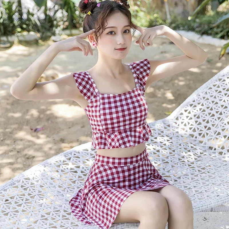 Plaviek Ženy bikiny monokini dva kusy súpravy Kórejský štýl kawaii šaty push Up Swim Plaid Plage Beachwear 2022 summe o