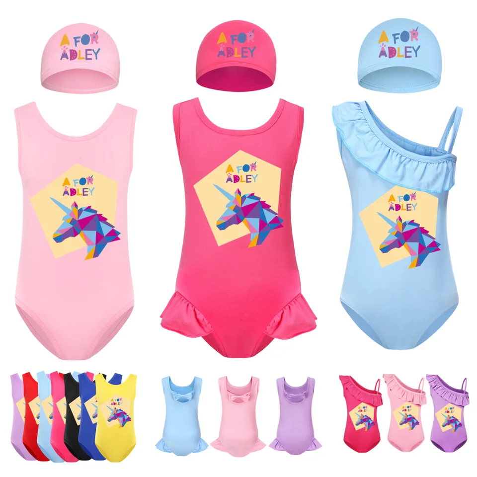 Plavky A pre Adley Kids One Piece Beachwear s Cap 2pcs Sets batoľa dievčatá plavky pre deti letné rukávy bez rukávov1037