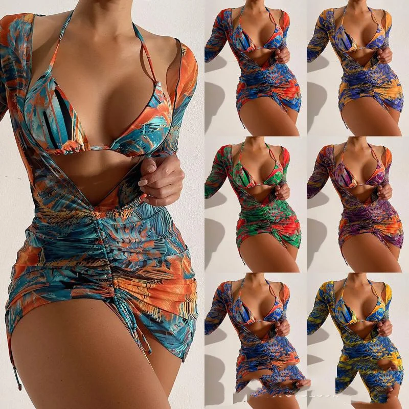 Plavky dámske rozdelené trojdielne sukne štýl šnurovanie s dlhým rukávom leto letné sexy pláž s vysokým pásom sexy bikiny plavky