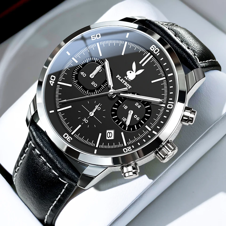 Playboy Top Brand Business High-end Men's Watch Originálny kožený remienok Príležitostné pánske zápästie Svetlá Elegantné hodinky pre mužov