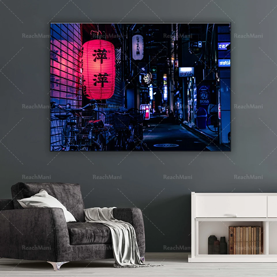 Playsy Tokio Neon Street Wall Tlač japonskej lampy nástenné umenie Noc pri dekorácii plagátu Ushigome Koi