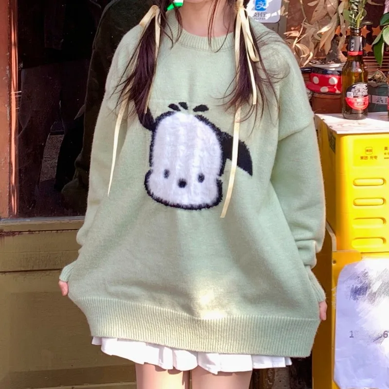 Pletadrted pullover Pochacco jacquard kawaii svetlo zelený sveter O-krk Ženy voľné vysokoškolské štýly sladké dlhé rukávy top y2k oblečenie