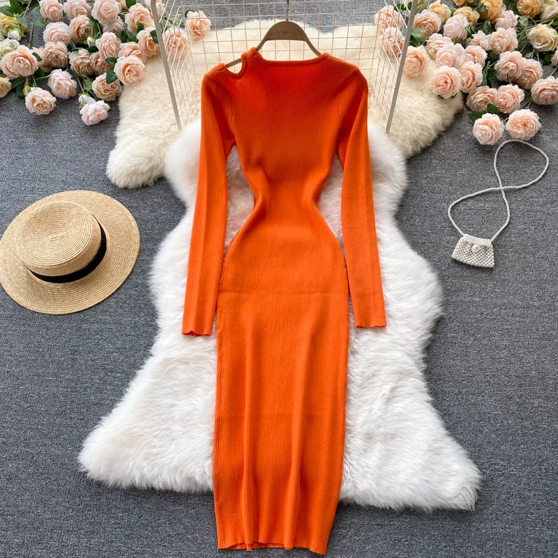 Pletenie s dlhým rukávom duté sexy dámske maxi šaty elegantné elegantné módne módne rebrované masívne čierne rúrové pullover Vestidos