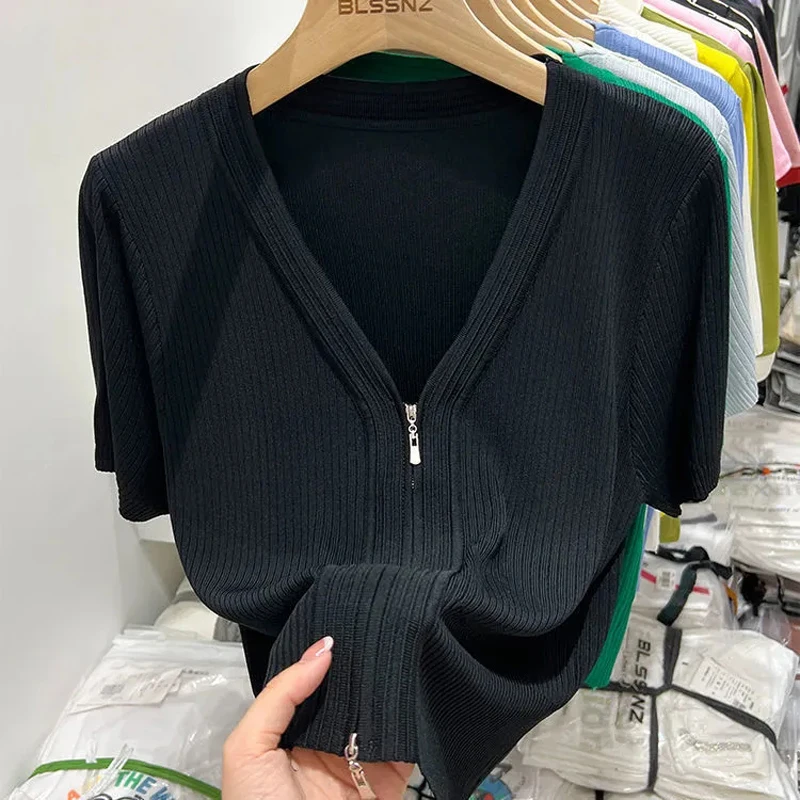 Pletená plodina Top Thin THE THE TREAVE TRIPLE Zippers Cardigan Solid estetické letné blúzky pre ženy 2023