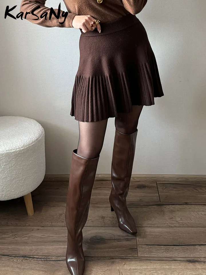 Pletená skladaná školská sukňa Ženy jarné zima Sexy A-line Dámska sukňa Solid neformálne neformálne sukne s vysokým pásom pre ženy čierne