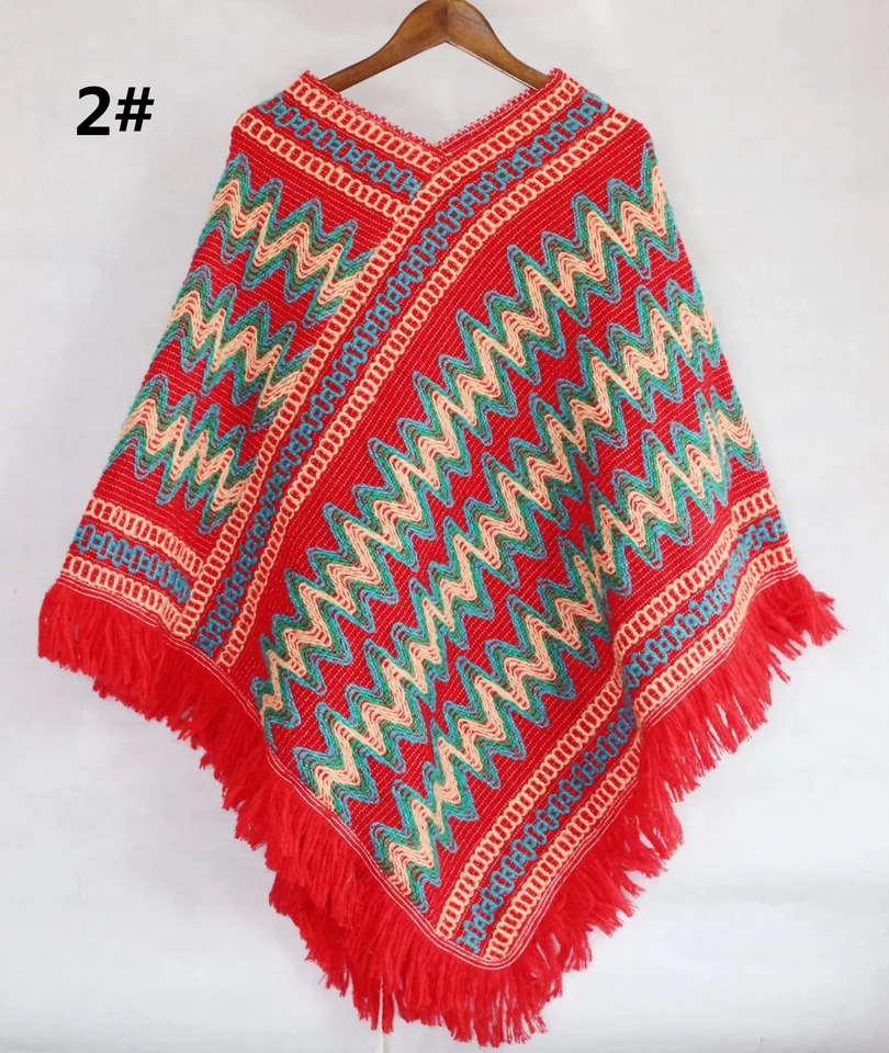 Pletené plášťa Poncho Cloak Pletené mysel Ženy na jeseň a zimný etnický cestovný ruch a nákupný kabát s teplom červenej farby