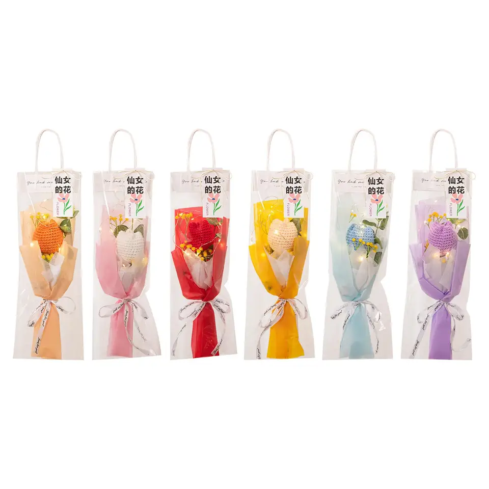 Pletené tulipánové kvetinové háčkovanie kytica s lampa dekoráciou večné požehnanie umelé pre valentínsky deň všestranné ľahké ľahké