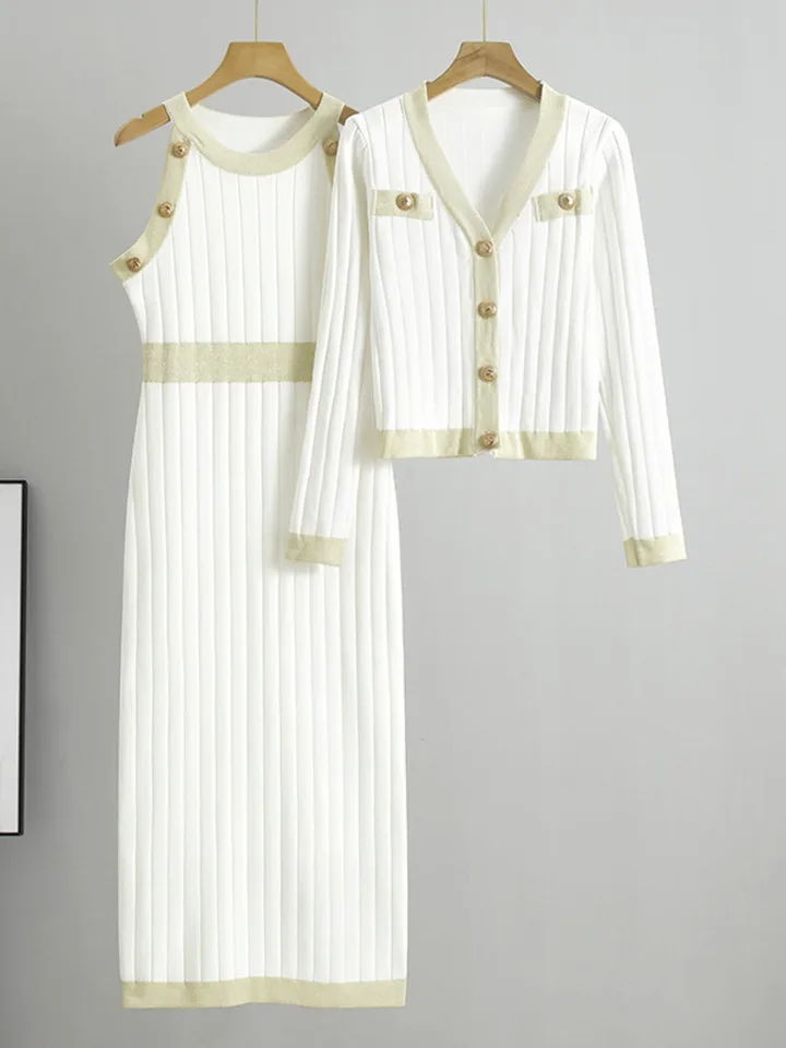 Pletené šaty Bodycon 2 kusy súpravy Ženy v krku krátky sveter Cardigan conjunto Kórejský elegantný elegantný tenký tank Vestidos outfits