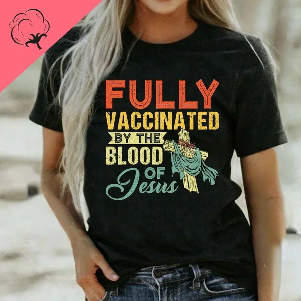 Plne očkovaný krvou Ježiša Funny kresťanská tričko náboženská viera pre dám