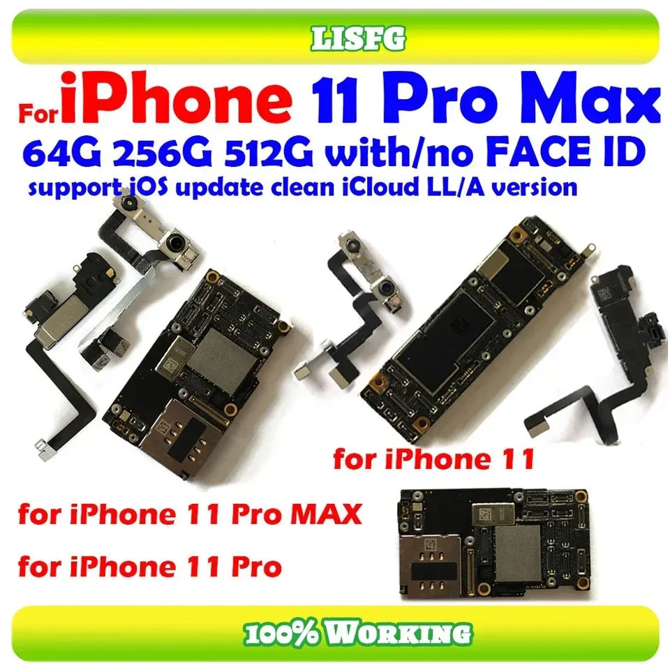 Plne testovaná autentická základná doska pre iPhone 11 Pro Max 64g/256g odomknutá hlavná doska s čelnou ID vyčistená iCloud Fast Shipp