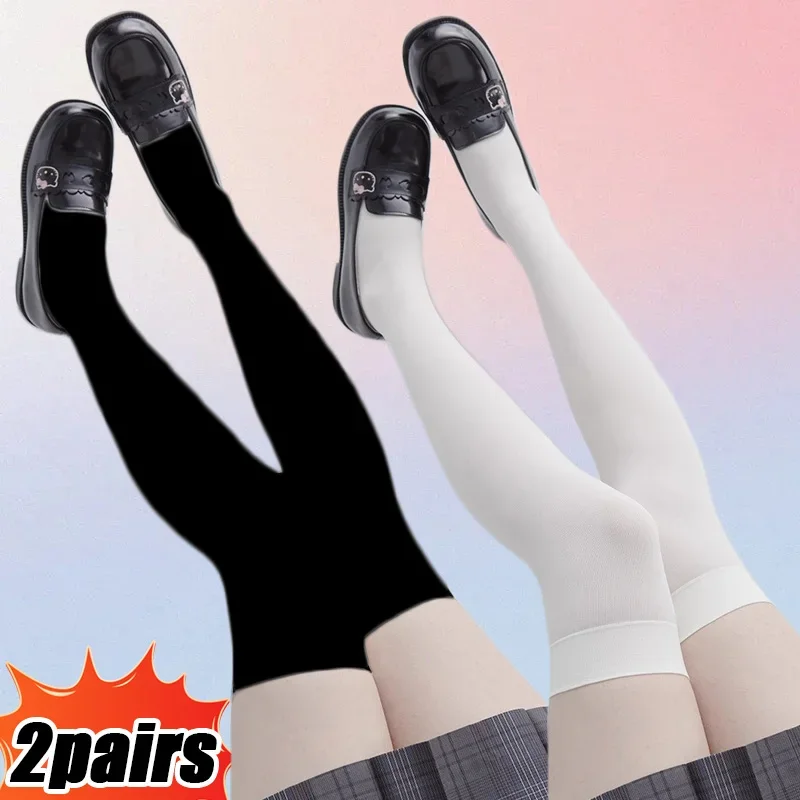 Plná farba lolita dlhé pančuchy jk dámske dievčatá roztomilé čierne biele pančucháče na kolenné stehno vysoké ponožky cosplay cosplay sexy nylonové pančuchy