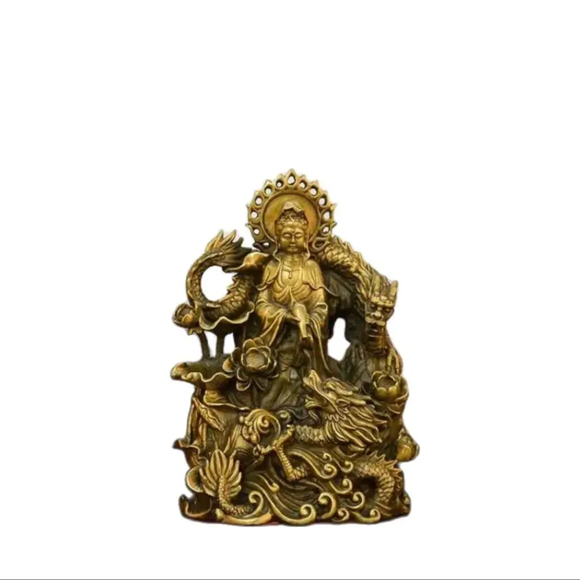 Plná mosadzná 24 cm vysoká dvojitá draka Guanyin Buddha Ozdobia, meďná socha pre domáce bohoslužby, socha božstva