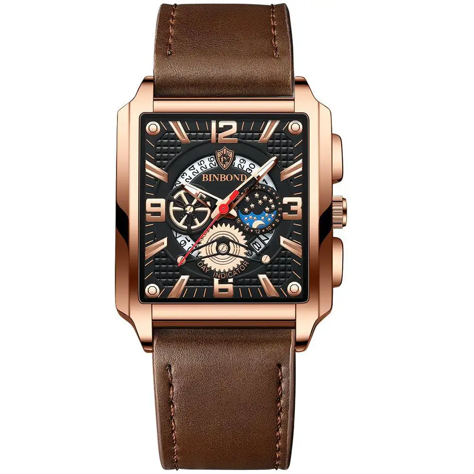 Plná oceľová top značka Mužské hodinky Square Quartz Watch for Men Waterproof Leather Srap Sport Clock Muž relogio maskulino