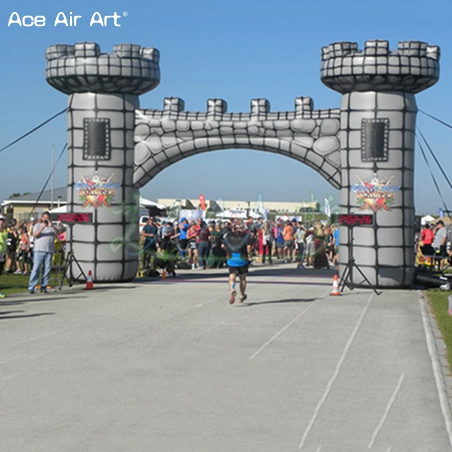 Plná tlač šedých oblúkov nafukovacích hradných oblúkov Špeciálny tvar Alcazar Finish Line Arch pre beh športy