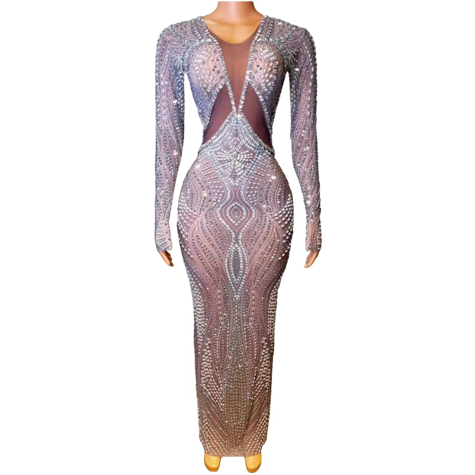 Plné kamienky dlhé šaty pre ženy kryštály Pearl Stretch Drag Quoty Kostým narodeniny speváčka Singer Show Stage Wear