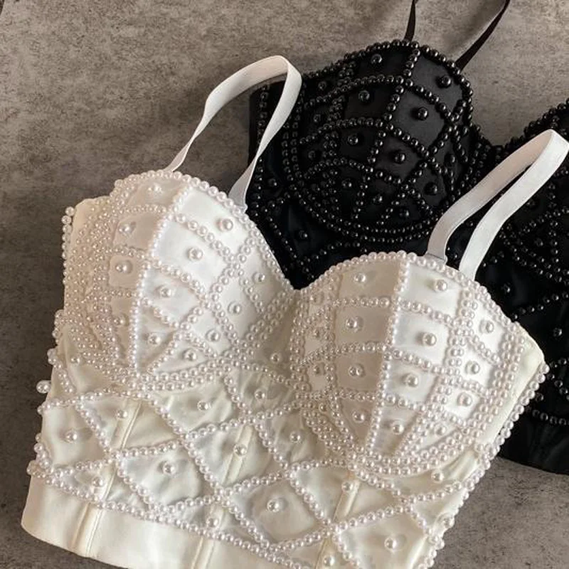 Plné korálky ženské korzet top ženy top ženy camis nočné kluby perly krátke hrudné spojivo sexy camisole majer spodná bielizeň rúrka podprsenka debardeur