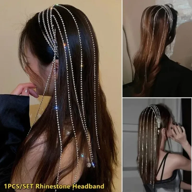 Plné čelenka kamienka dlhá čelenka Tassel Crystal viacvrstvová čelenka pre ženy