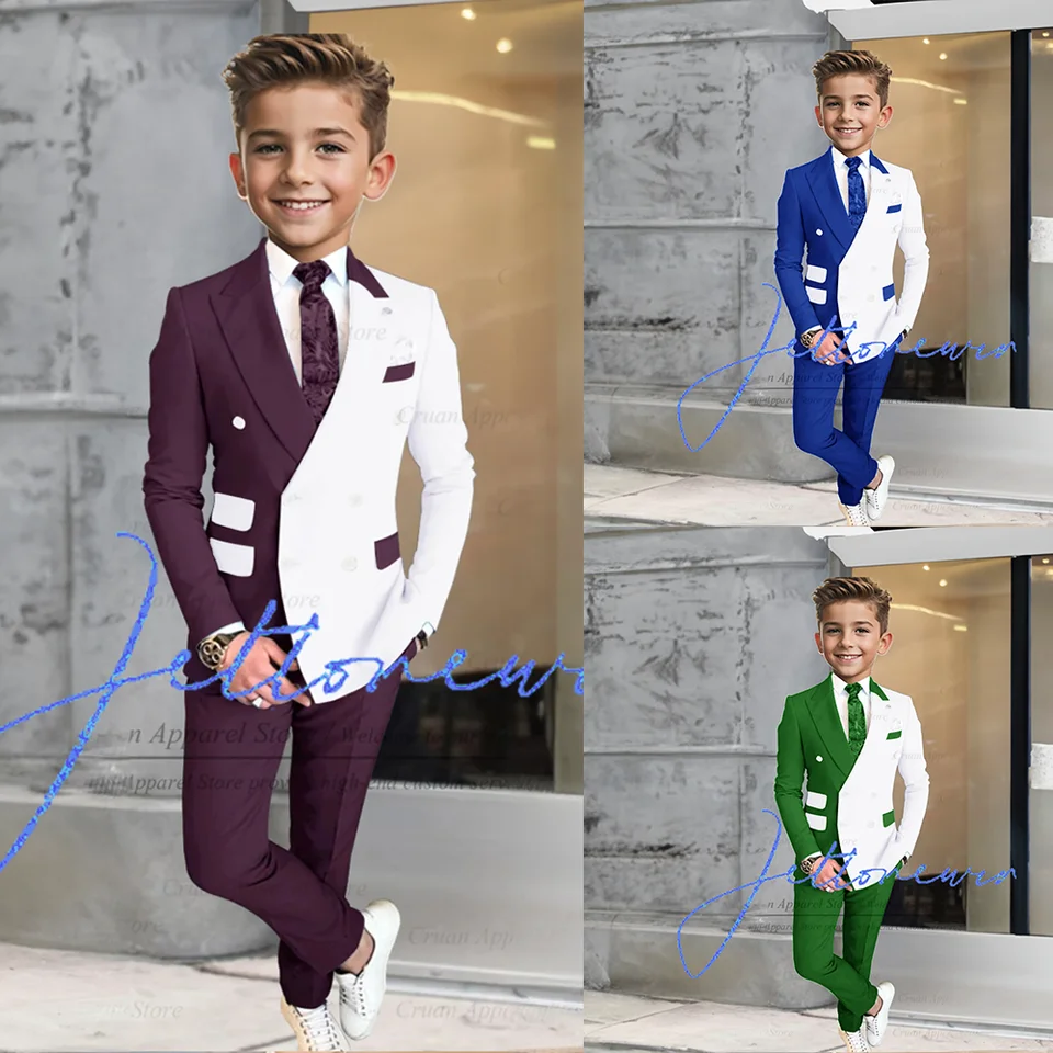 Plný oblek pre chlapcov Večerné večere Formálne oblečenie svadobné večere pre deti štýlové burgundské biele zostrihové blazer nohavice 2 kusy