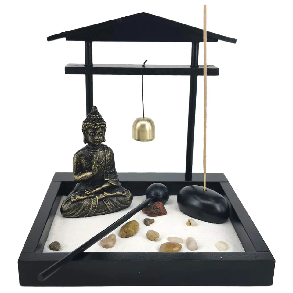 Plocha Zen Sand Garden Meditujúci Buddha socha Mini Zen Garden Sand Tray Kit pre domácu kanceláriu Decor Decor
